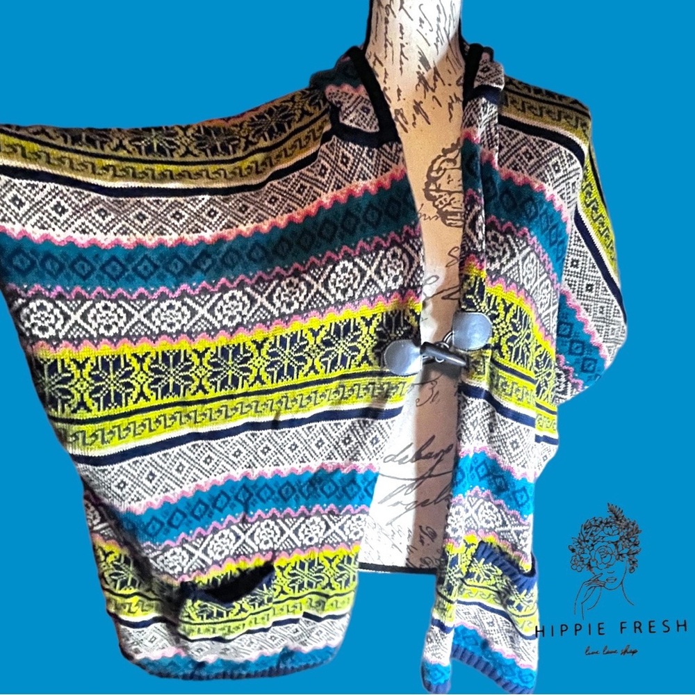 Poncho Cape Colorful Aztec Toggle Front Oversized M